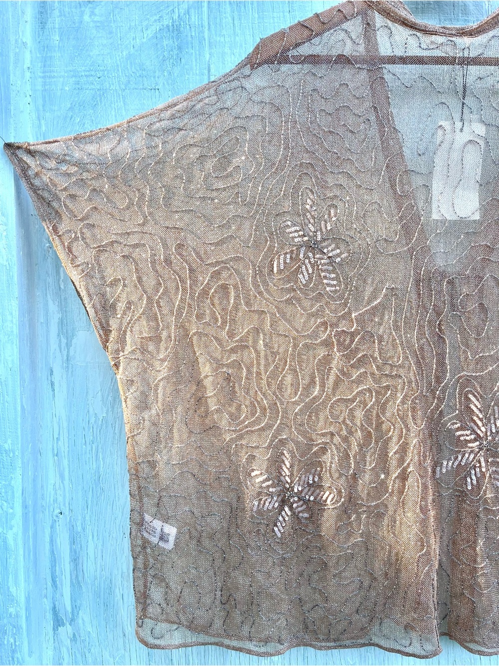 Zara Sequin Beaded Embroidered Kimono Blouse Kaftan Sheer Beige Pink Med - Large - Picture 14 of 16